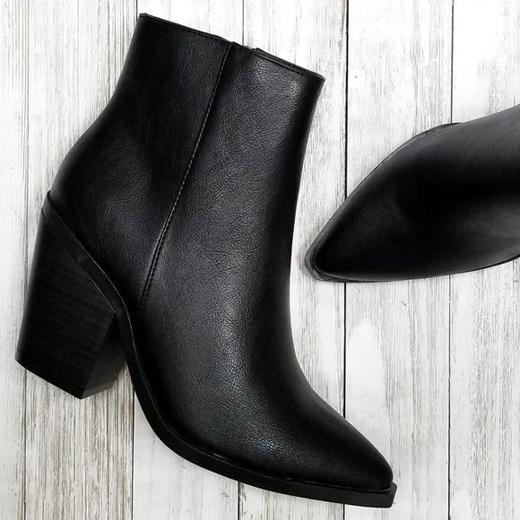 New Black Point Toe Chunky Heel Ankle Boots Bootie - Picture 2 of 5